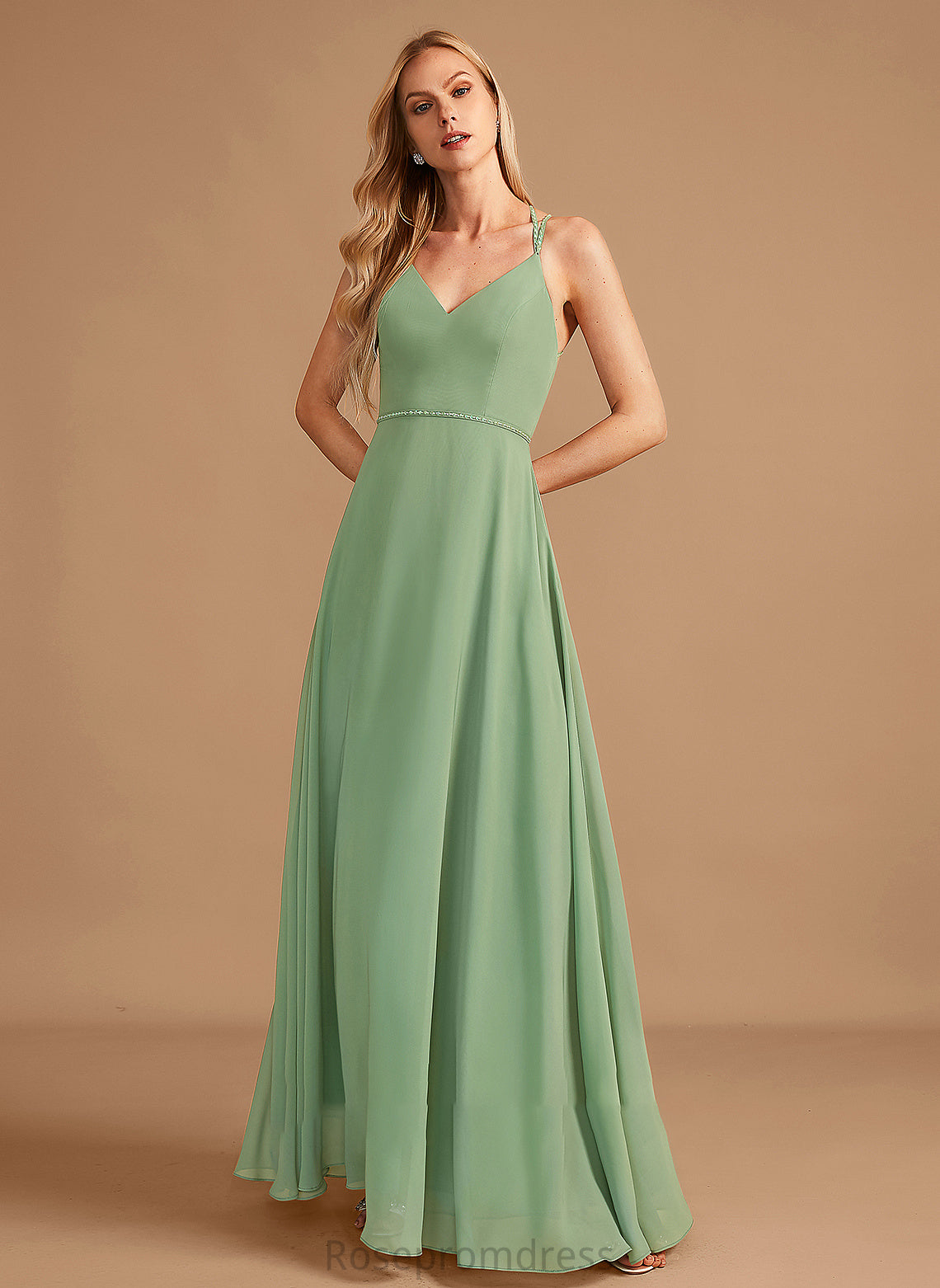 A-Line Neckline Sequins Silhouette Fabric Embellishment Floor-Length Beading Length V-neck Natalia A-Line/Princess Bridesmaid Dresses