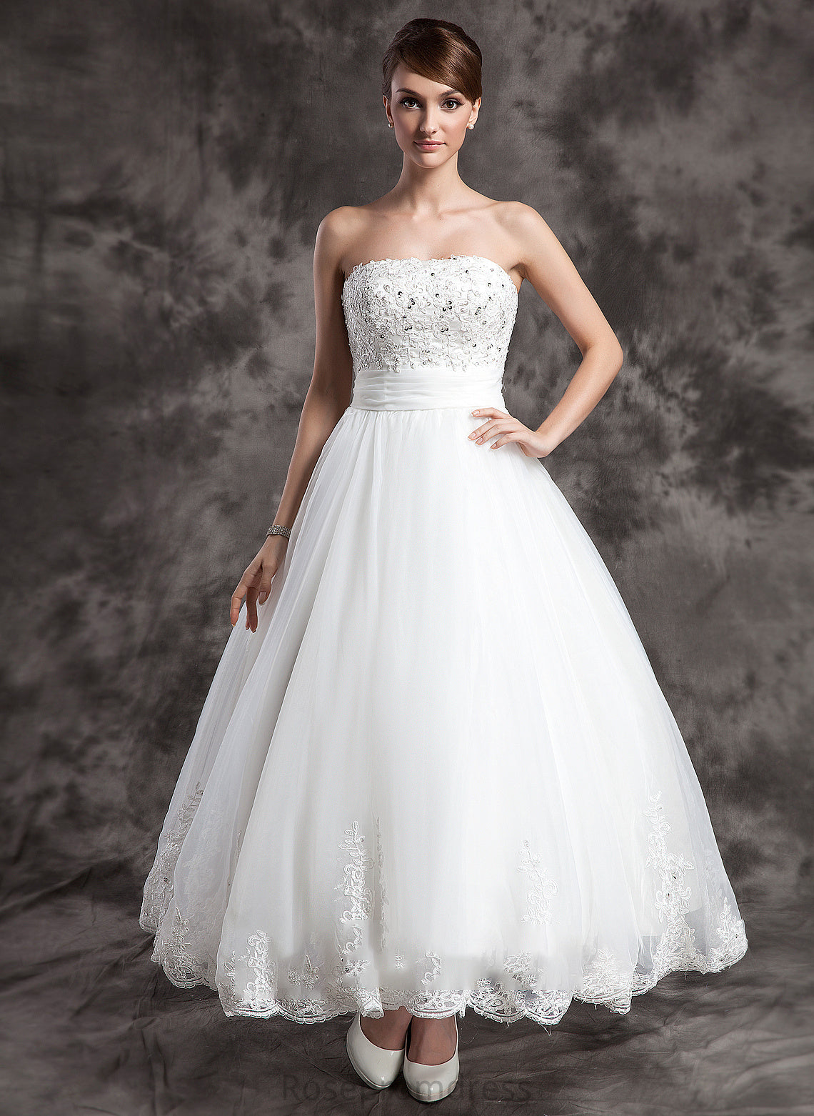 Satin With Victoria Ball-Gown/Princess Beading Wedding Wedding Dresses Ankle-Length Organza Lace Strapless Dress