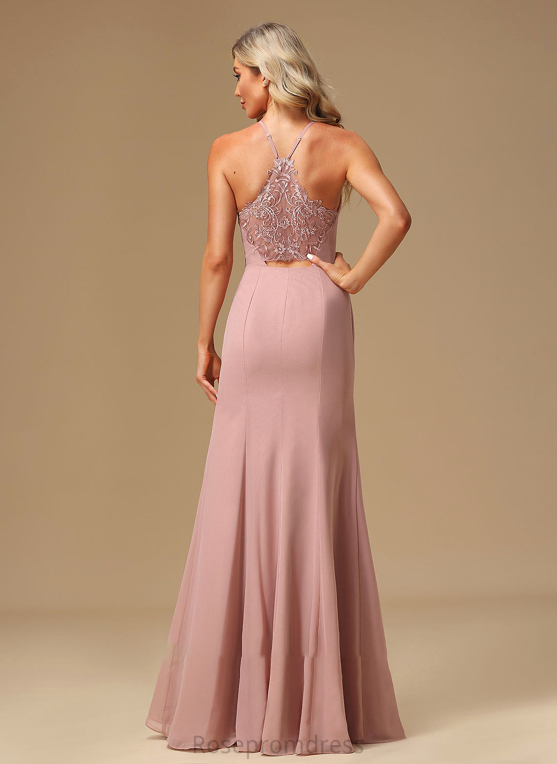Neckline HighNeck SplitFront Floor-Length Embellishment Silhouette Lace A-Line Fabric Length Isabela Bridesmaid Dresses