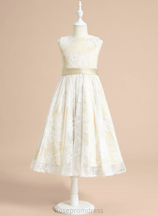 With Bow(s) Girl Neck Flower Dress Sal A-Line Flower Girl Dresses Tea-length Sleeveless Scoop Satin/Lace