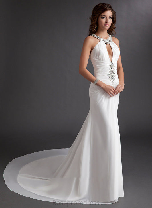 Neck Leslie Scoop Chiffon Prom Dresses Sequins Train Ruffle Beading With Chapel Trumpet/Mermaid