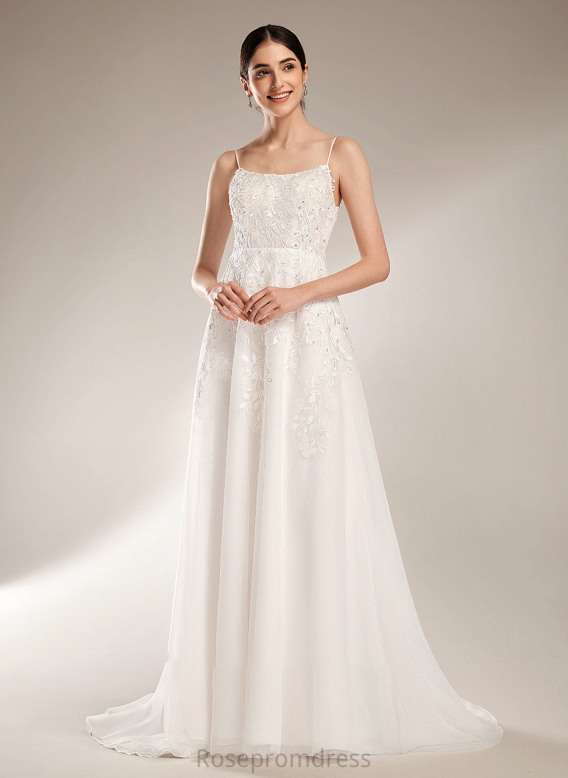 Annika Beading With A-Line Train Square Dress Wedding Dresses Sequins Wedding Court Neckline