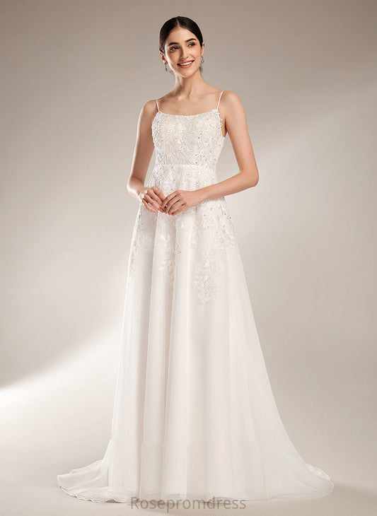 Annika Beading With A-Line Train Square Dress Wedding Dresses Sequins Wedding Court Neckline