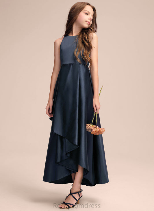 Ruffles Esther Cascading Neck A-Line Scoop Junior Bridesmaid Dresses Satin Asymmetrical With