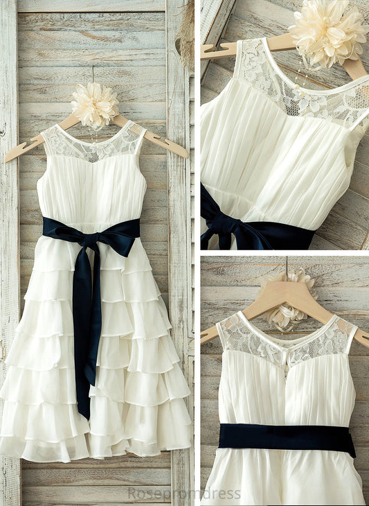 With Tea-length Neck - Scoop Zoey Chiffon/Lace Dress Flower Flower Girl Dresses Ruffles/Sash Girl A-Line/Princess Sleeveless