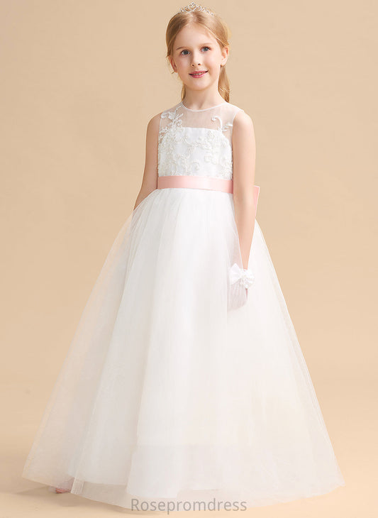 Sleeveless With A-Line Bow(s) (Undetachable Floor-length Karen sash) Dress Flower Girl Dresses Satin/Tulle/Lace Scoop Girl - Neck Flower