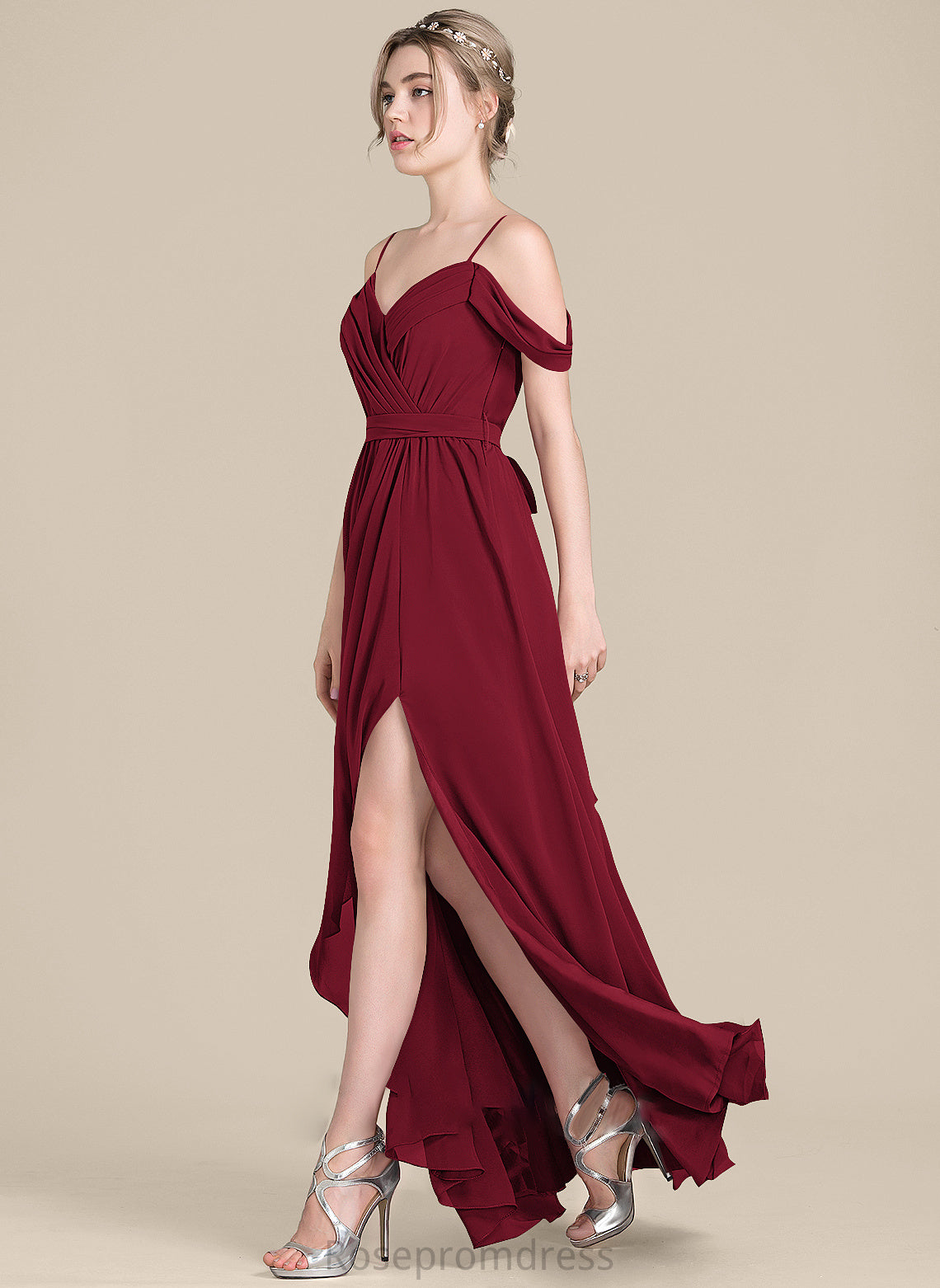 Length Floor-Length Neckline V-neck Fabric Bow(s) Embellishment A-Line CascadingRuffles Silhouette SplitFront Tess Bridesmaid Dresses