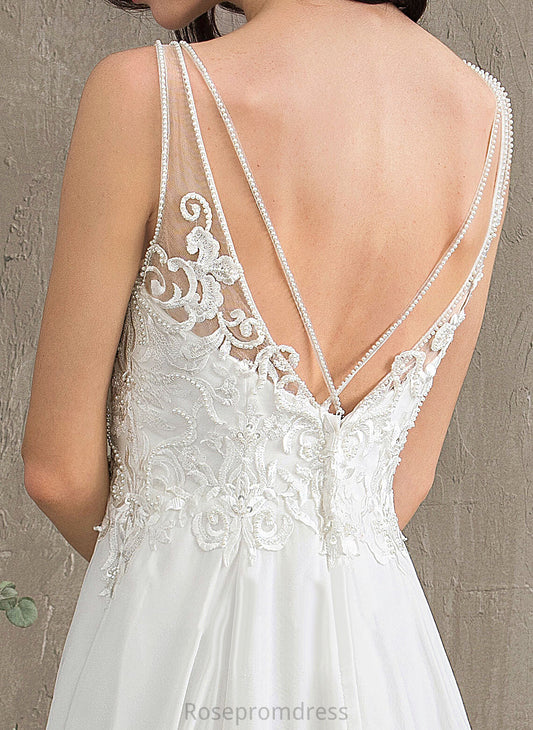 Beading A-Line V-neck Dress Wedding Thalia Sweep Sequins Split Chiffon Lace Wedding Dresses Front With Train