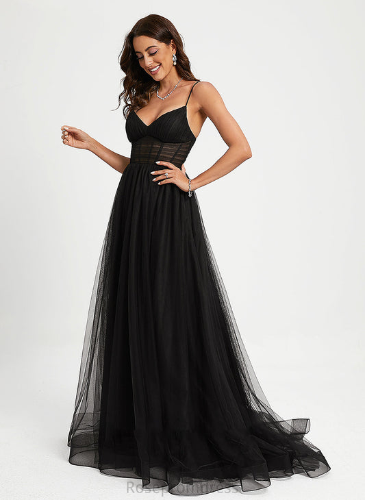 Megan Pleated V-neck Train Ball-Gown/Princess Prom Dresses Sweep With Tulle