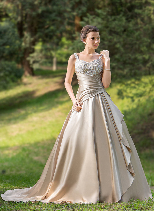 Court Satin Tiana Wedding Cascading Ball-Gown/Princess Sweetheart Dress Ruffle Wedding Dresses Ruffles Train Appliques Beading With Lace