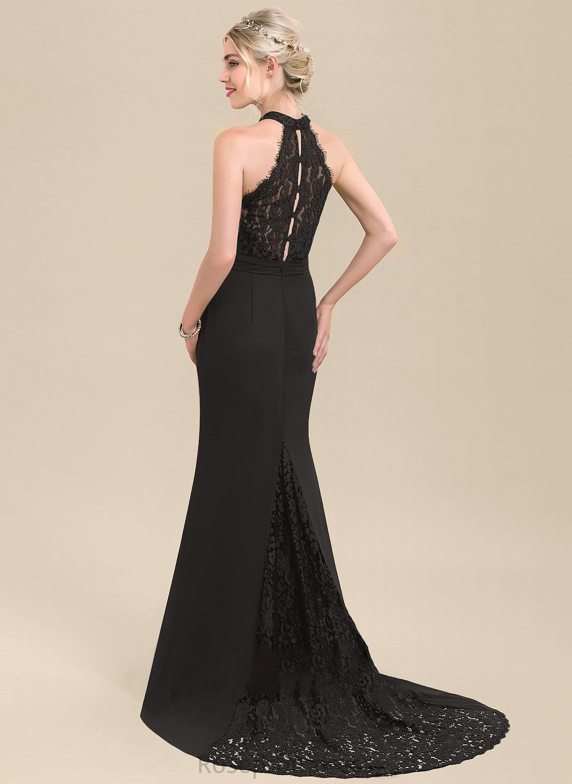 Fabric Trumpet/Mermaid Lace Straps SweepTrain Neckline Silhouette Length HighNeck Dixie Floor Length Natural Waist Bridesmaid Dresses