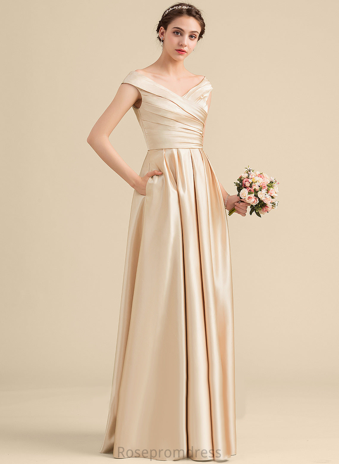 Straps&Sleeves Silhouette Fabric A-line Satin OfftheShoulder Floor-Length Length Neckline Maribel A-Line/Princess Natural Waist Bridesmaid Dresses