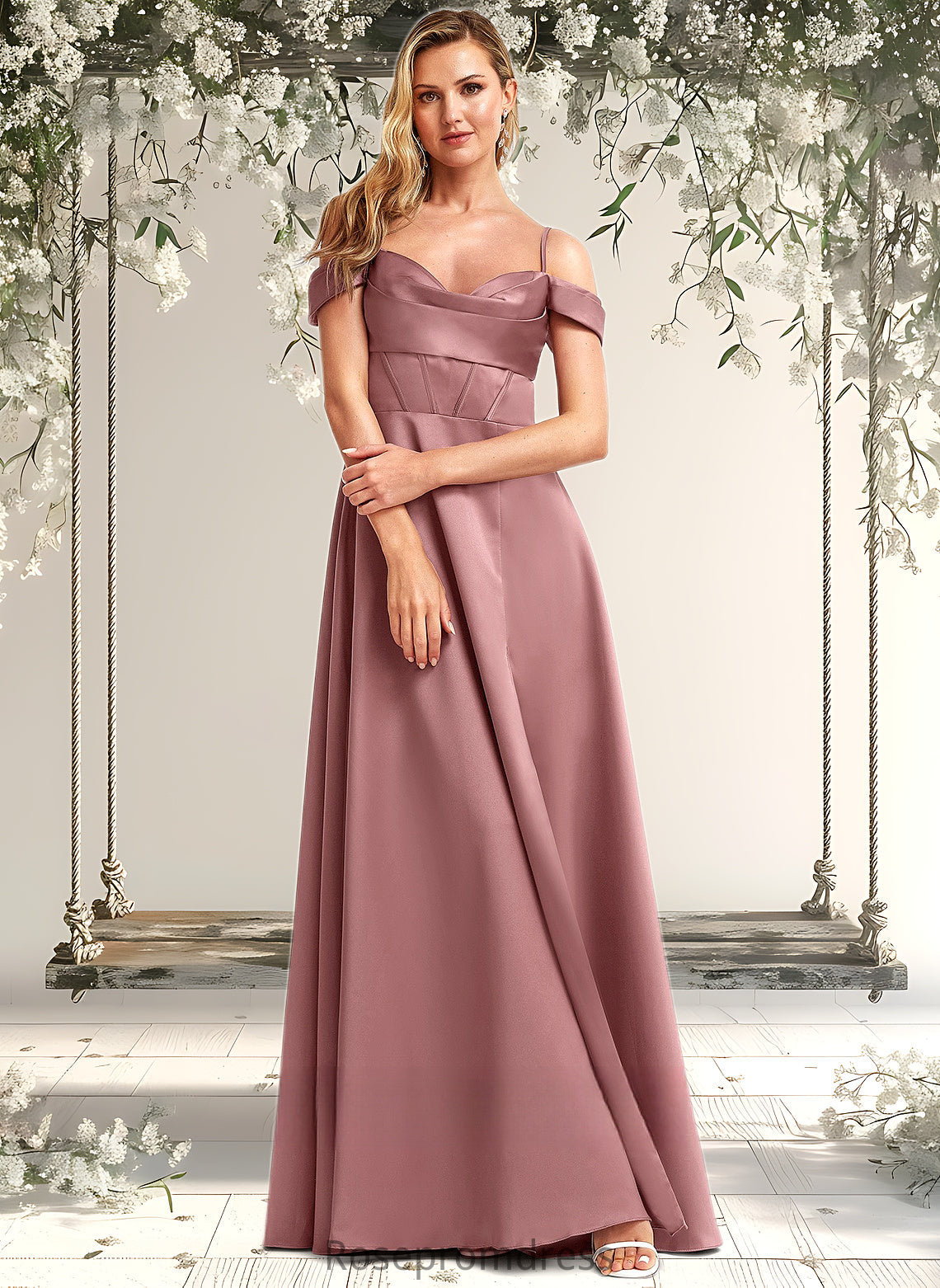 Jayden A-line Cold Shoulder Floor-Length Satin Bridesmaid Dress DSP0025750