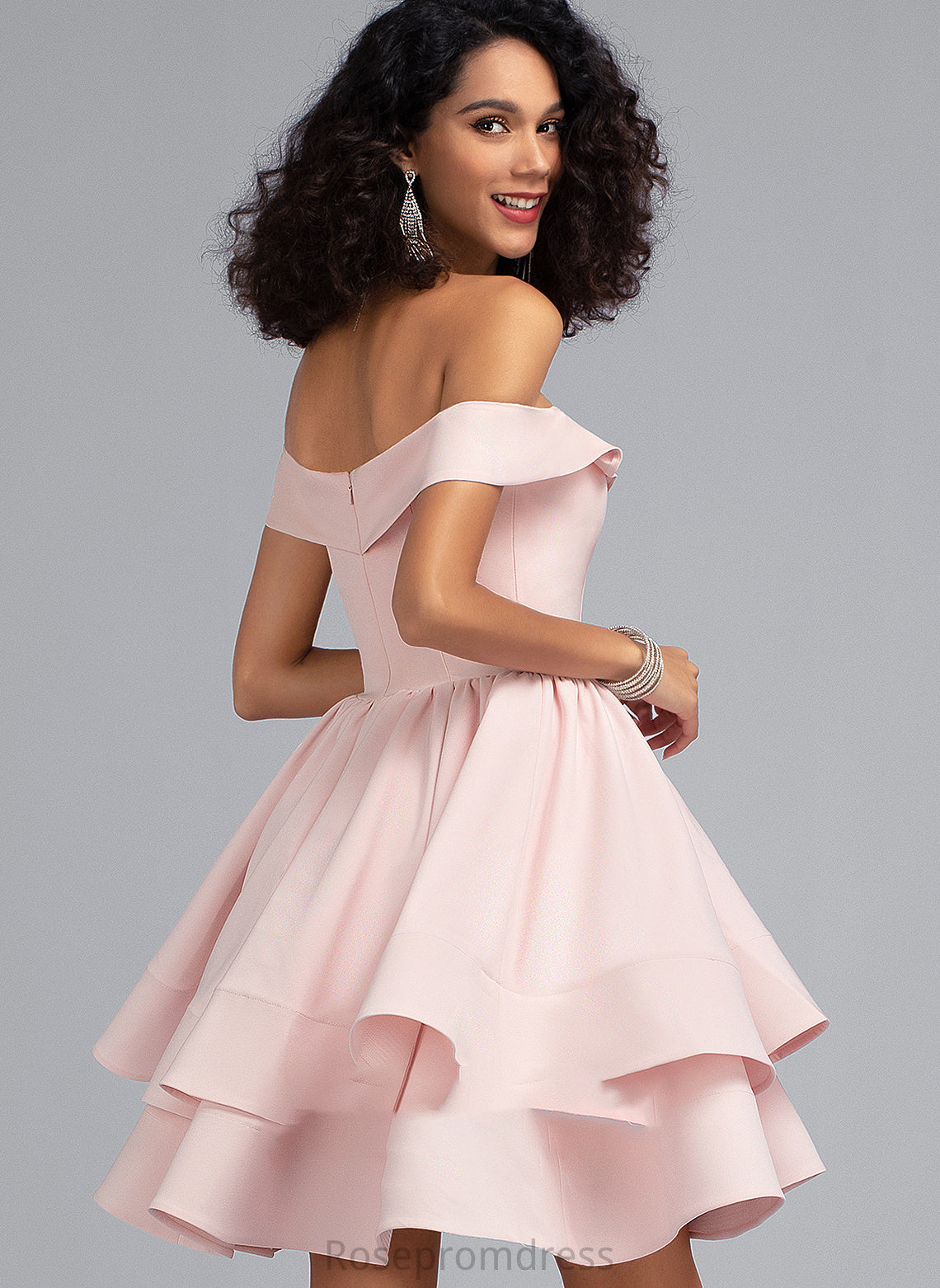 Prom Dresses Cascading Stretch Ruffles Crepe With Off-the-Shoulder Short/Mini Gina A-Line