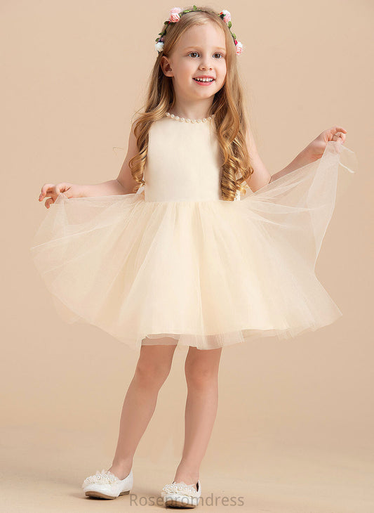 Sleeveless Dress Satin/Tulle A-Line Beading Girl Athena Neck Scoop With Flower Flower Girl Dresses Knee-length