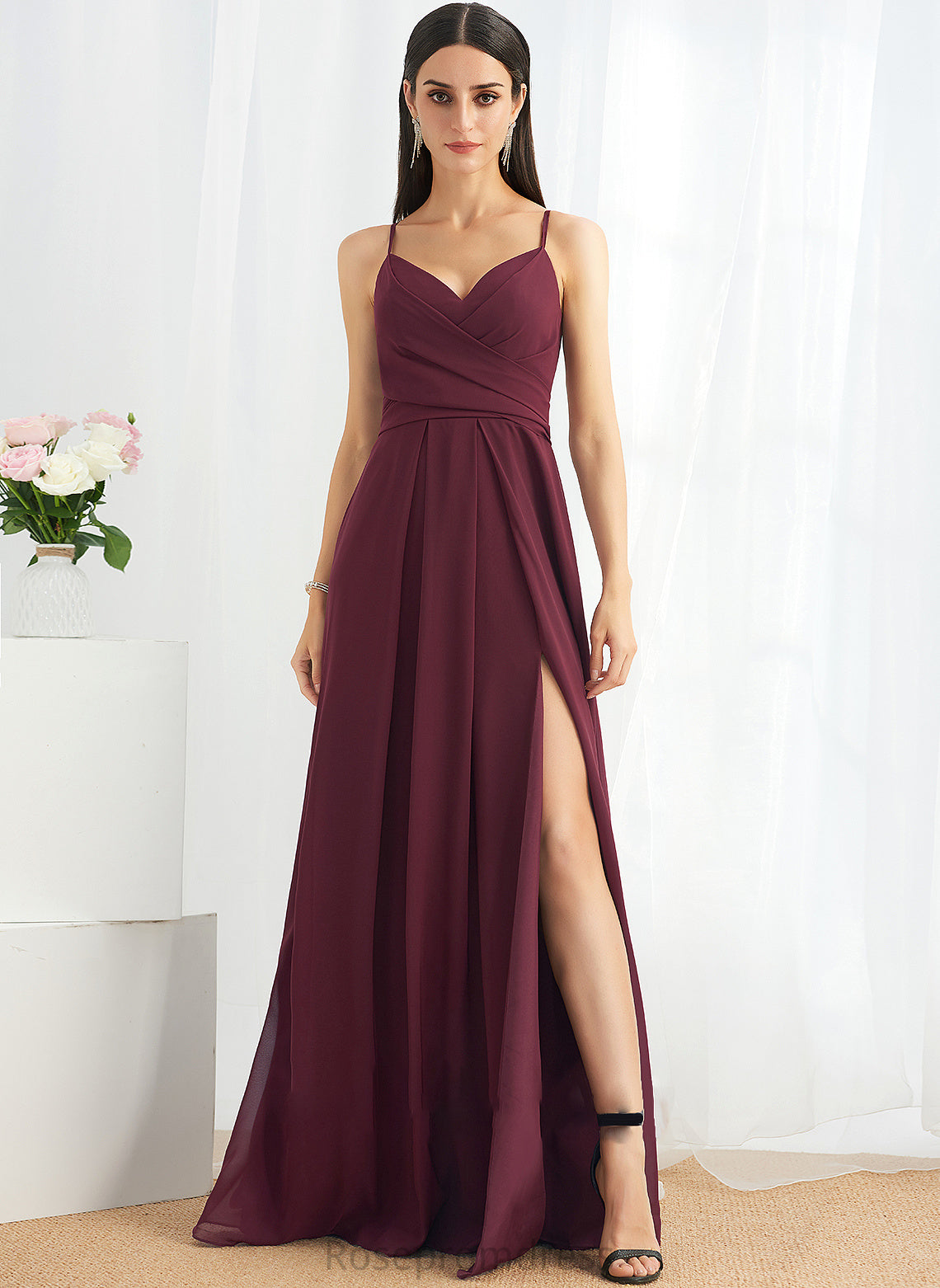 Length A-Line SplitFront V-neck Silhouette Fabric Ruffle Neckline Embellishment Floor-Length Theresa A-Line/Princess Bridesmaid Dresses