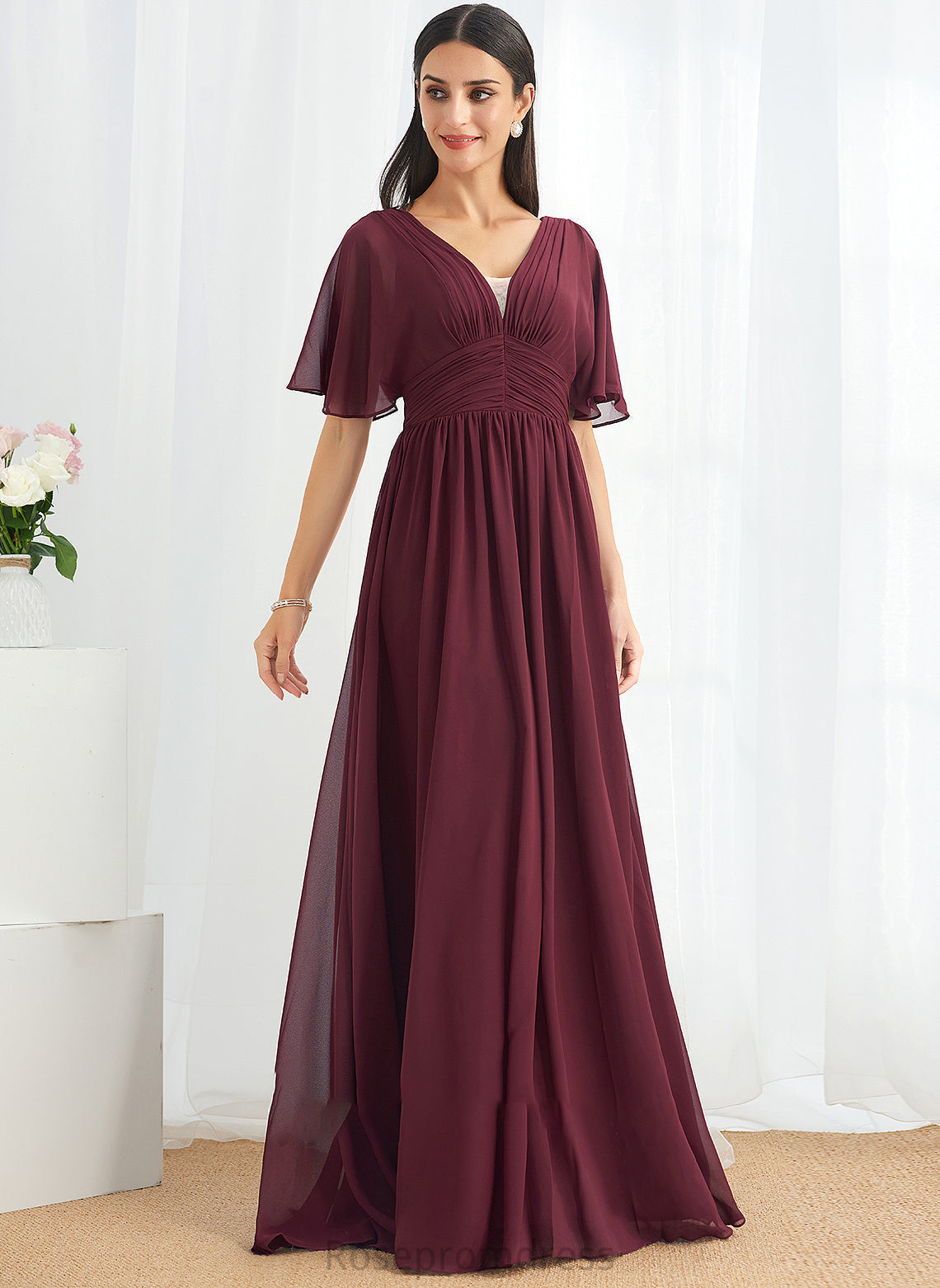 Floor-Length Neckline Embellishment Fabric V-neck Ruffle Silhouette A-Line Length Ximena Sleeveless Natural Waist Bridesmaid Dresses