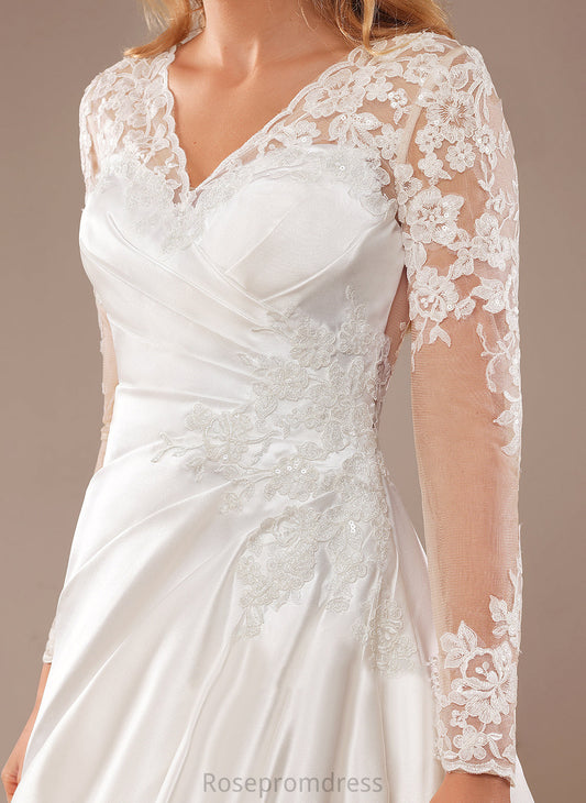 Lace Renata Satin Train A-Line Wedding Dresses Sequins Wedding Lace Court Dress V-neck With