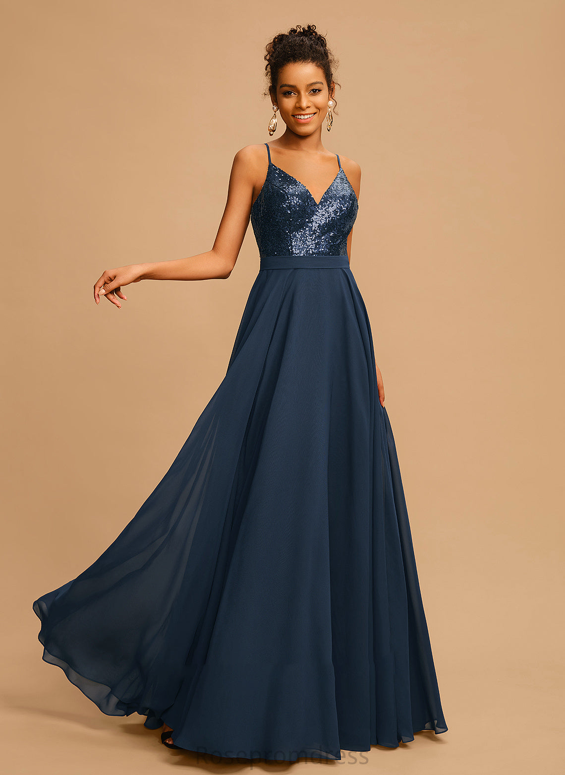 Sequins Floor-Length V-neck A-Line Prom Dresses Chiffon Charlotte With