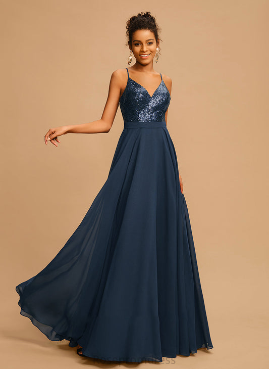 Sequins Floor-Length V-neck A-Line Prom Dresses Chiffon Charlotte With