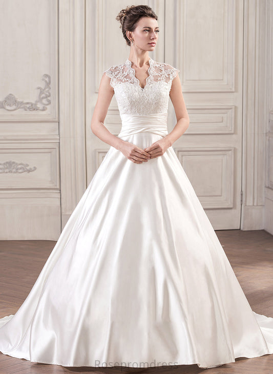 Dress Satin Lace Ruffle Court Dahlia Wedding Wedding Dresses Ball-Gown/Princess With Train V-neck