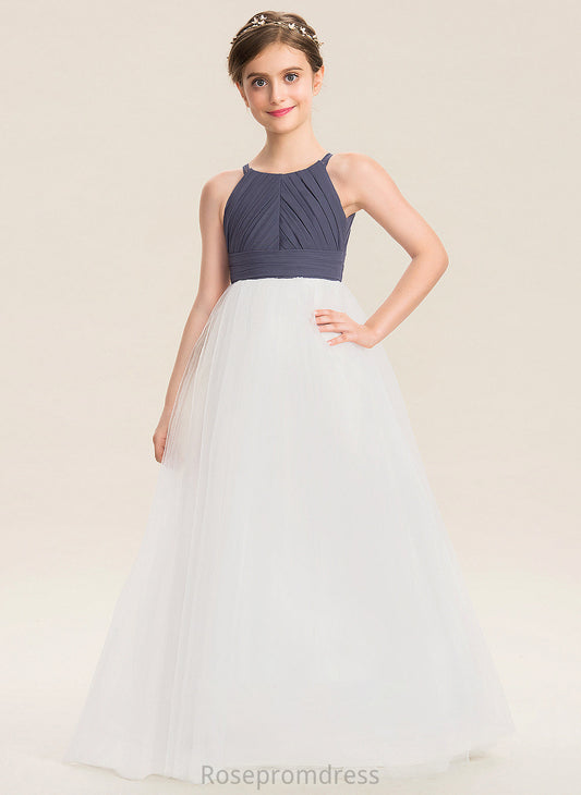 Ruffle A-Line Tulle Junior Bridesmaid Dresses Neck Chiffon Scoop With Paola Floor-Length