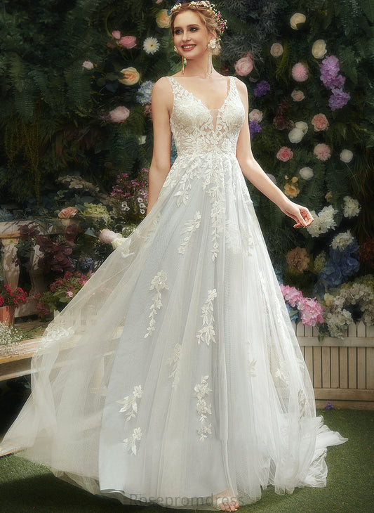 Court V-neck Wedding Lace Dress Grace Train A-Line With Wedding Dresses