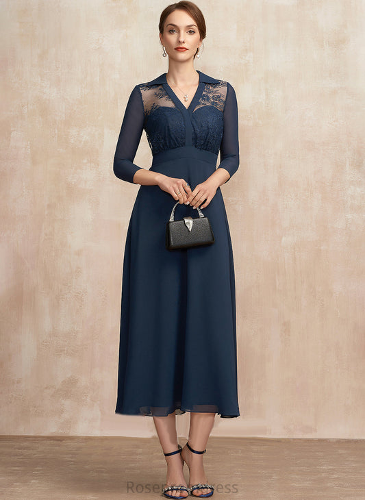 Tea-Length the A-Line Pamela Mother of the Bride Dresses Chiffon Dress Mother Bride of V-neck Lace