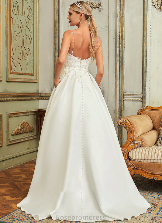 Pockets Lace Sweep Beading Sequins Wedding V-neck Maud Wedding Dresses Dress Lace Ball-Gown/Princess With Satin Train