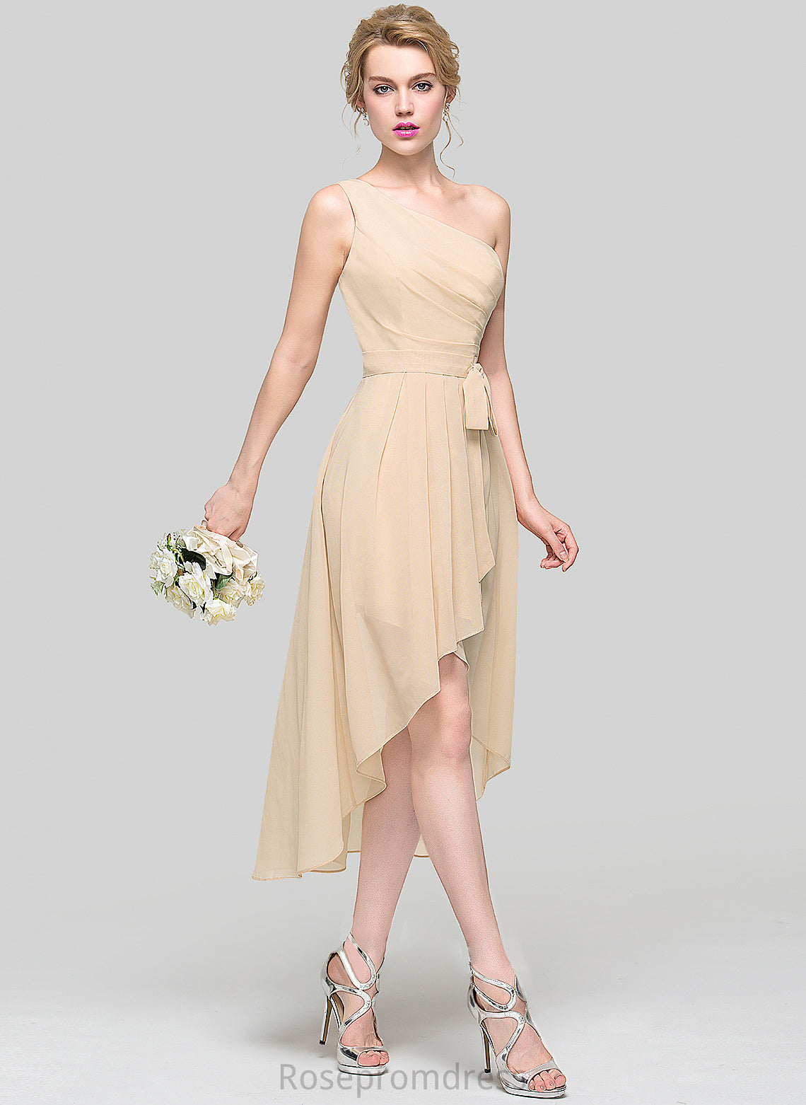 Silhouette Length Ruffle CascadingRuffles Fabric Embellishment A-Line One-Shoulder Neckline Bow(s) Asymmetrical Anabel Bridesmaid Dresses