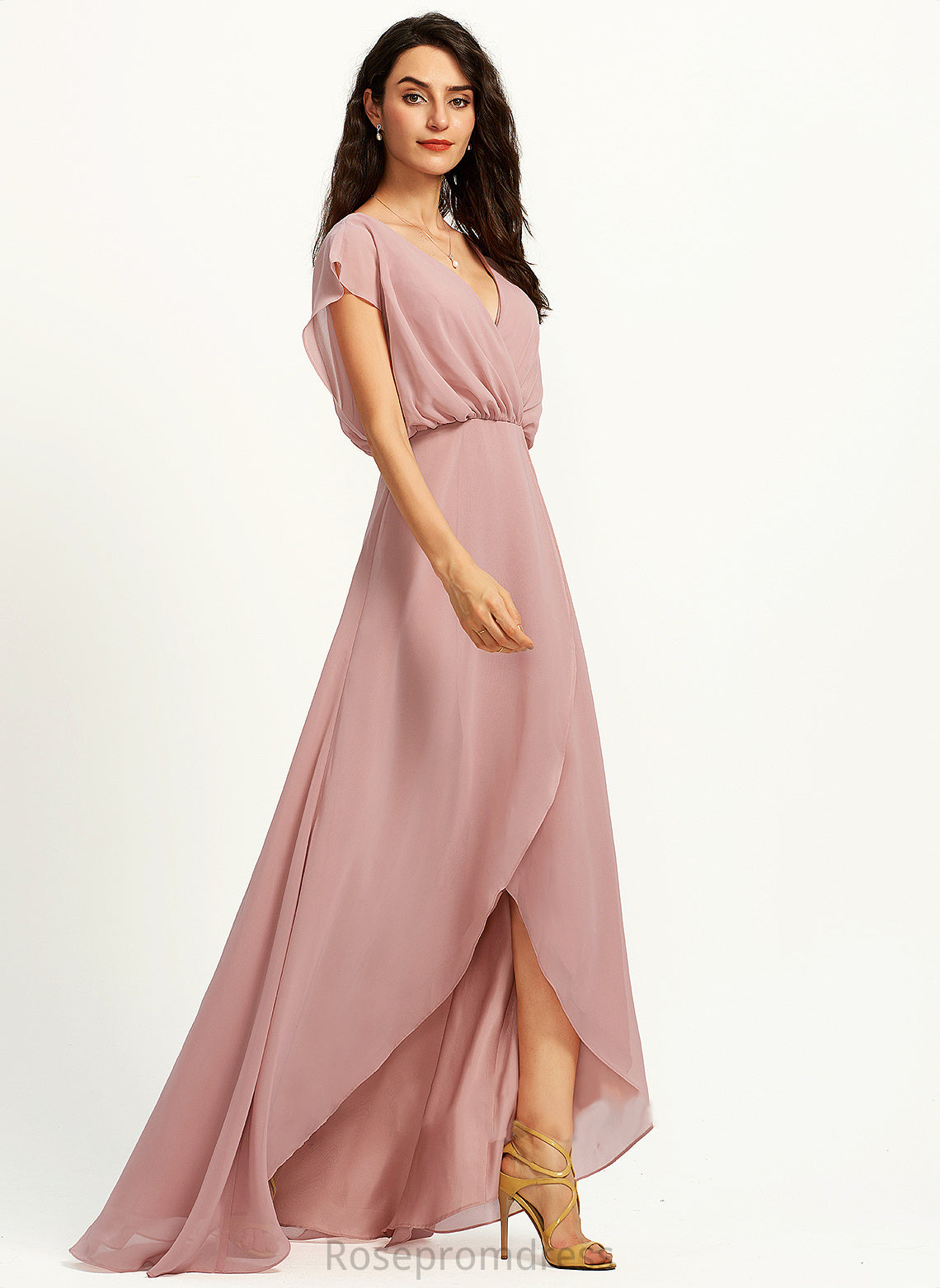 A-Line Asymmetrical Embellishment Fabric Silhouette Length SplitFront Neckline V-neck Cynthia Bridesmaid Dresses