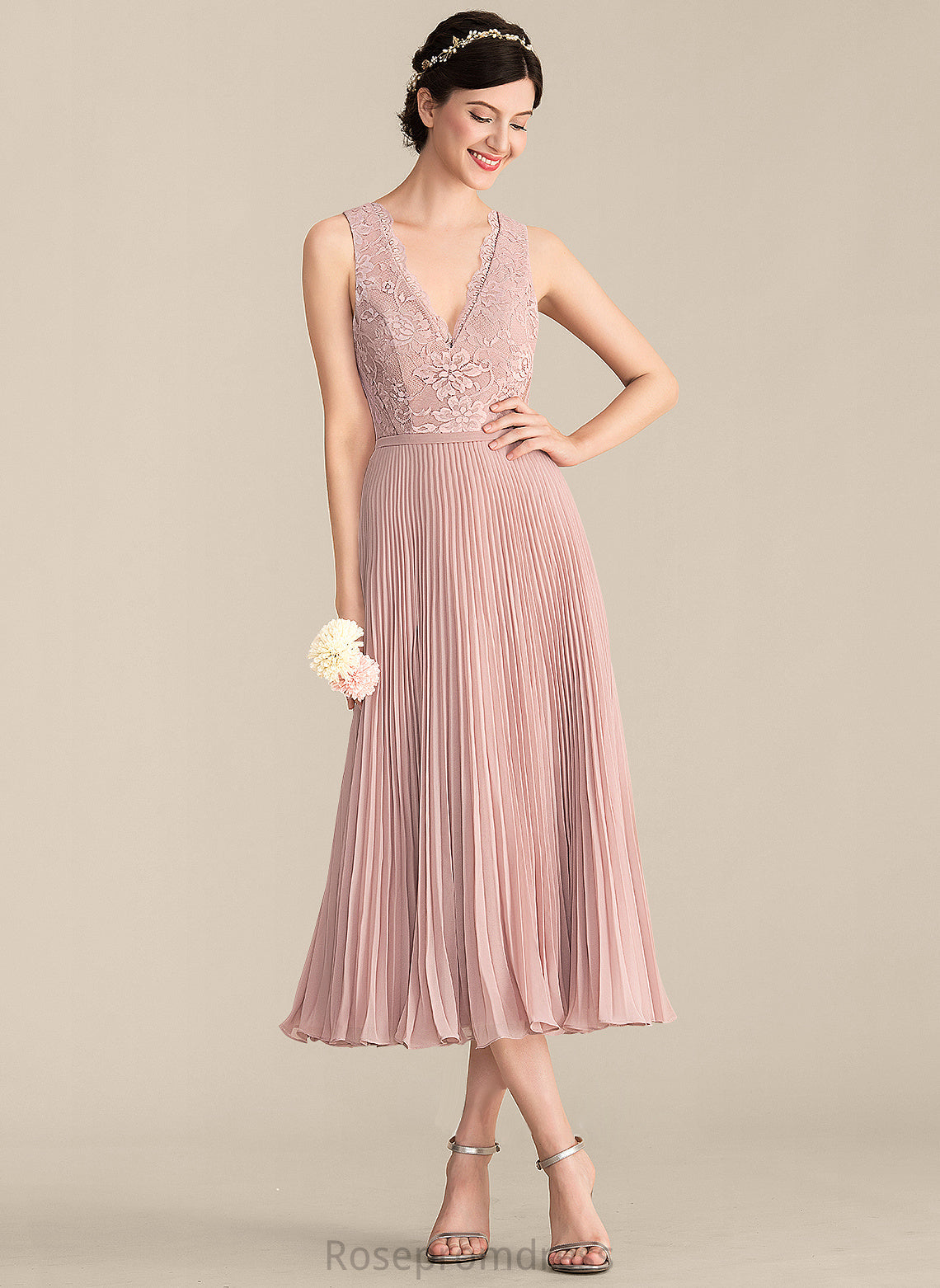 V-neck A-Line Fabric Pleated Neckline Silhouette Tea-Length Embellishment Length Destinee A-Line/Princess Sleeveless Bridesmaid Dresses