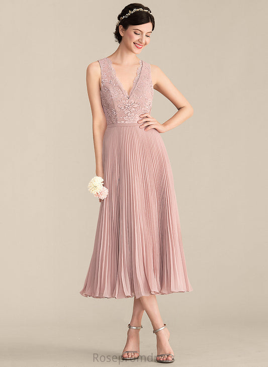 V-neck A-Line Fabric Pleated Neckline Silhouette Tea-Length Embellishment Length Destinee A-Line/Princess Sleeveless Bridesmaid Dresses