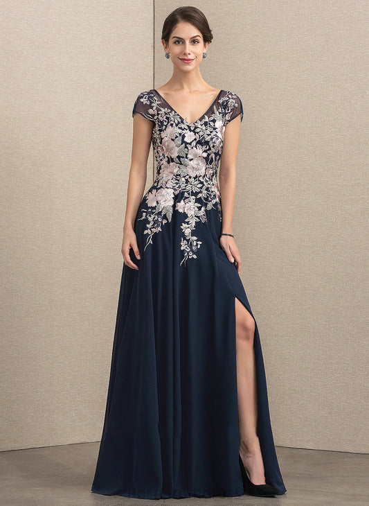 Mother With Floor-Length Split Mother of the Bride Dresses Lace Vicky Chiffon Bride of V-neck Front the Dress A-Line