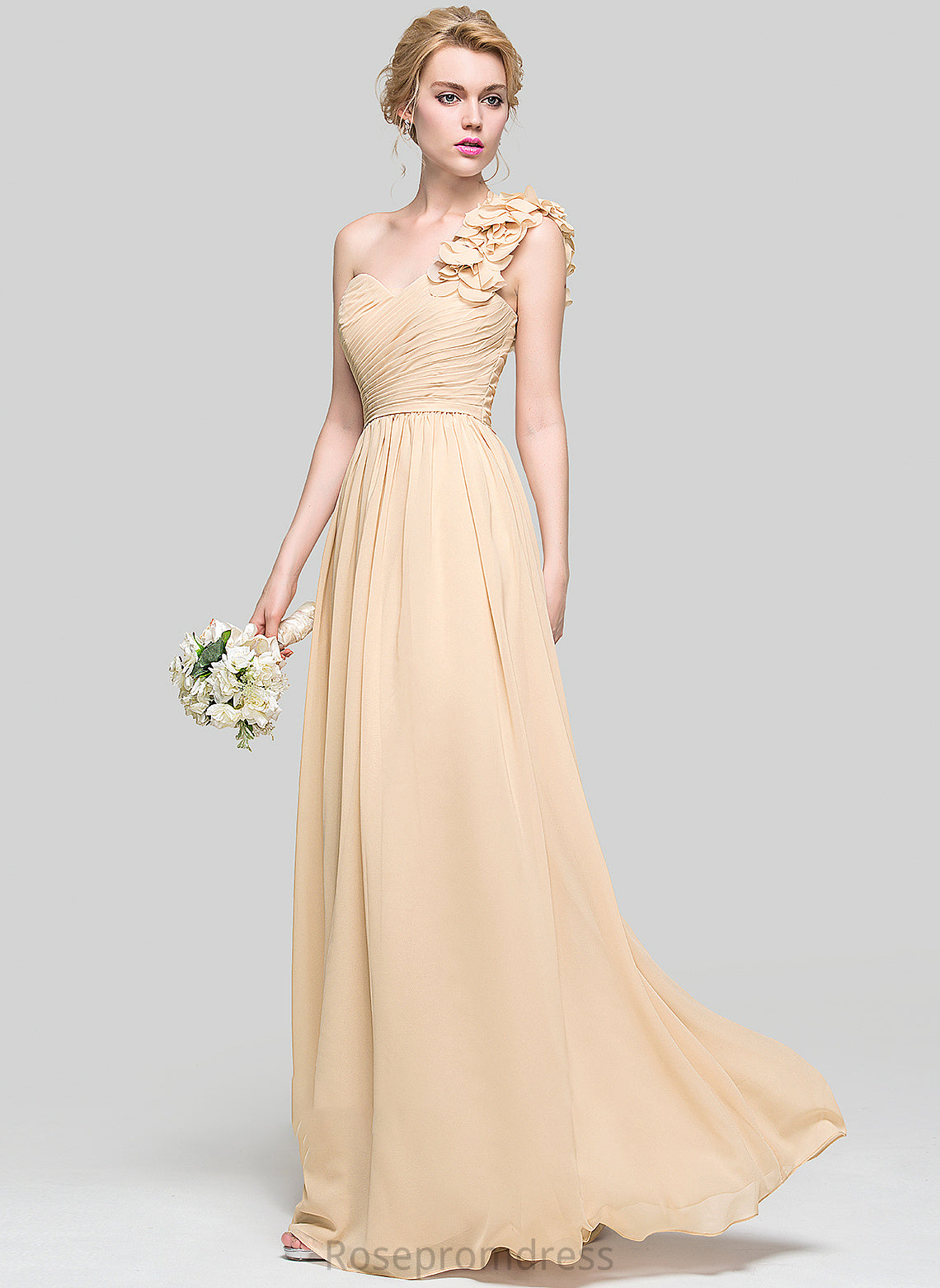 Length Ruffle Silhouette A-Line One-Shoulder Embellishment Floor-Length Neckline Flower(s) Fabric Gill V-Neck Bridesmaid Dresses