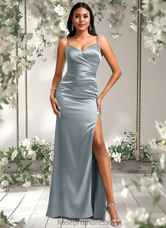 Carlie A-line V-Neck Floor-Length Stretch Satin Bridesmaid Dress DSP0025728