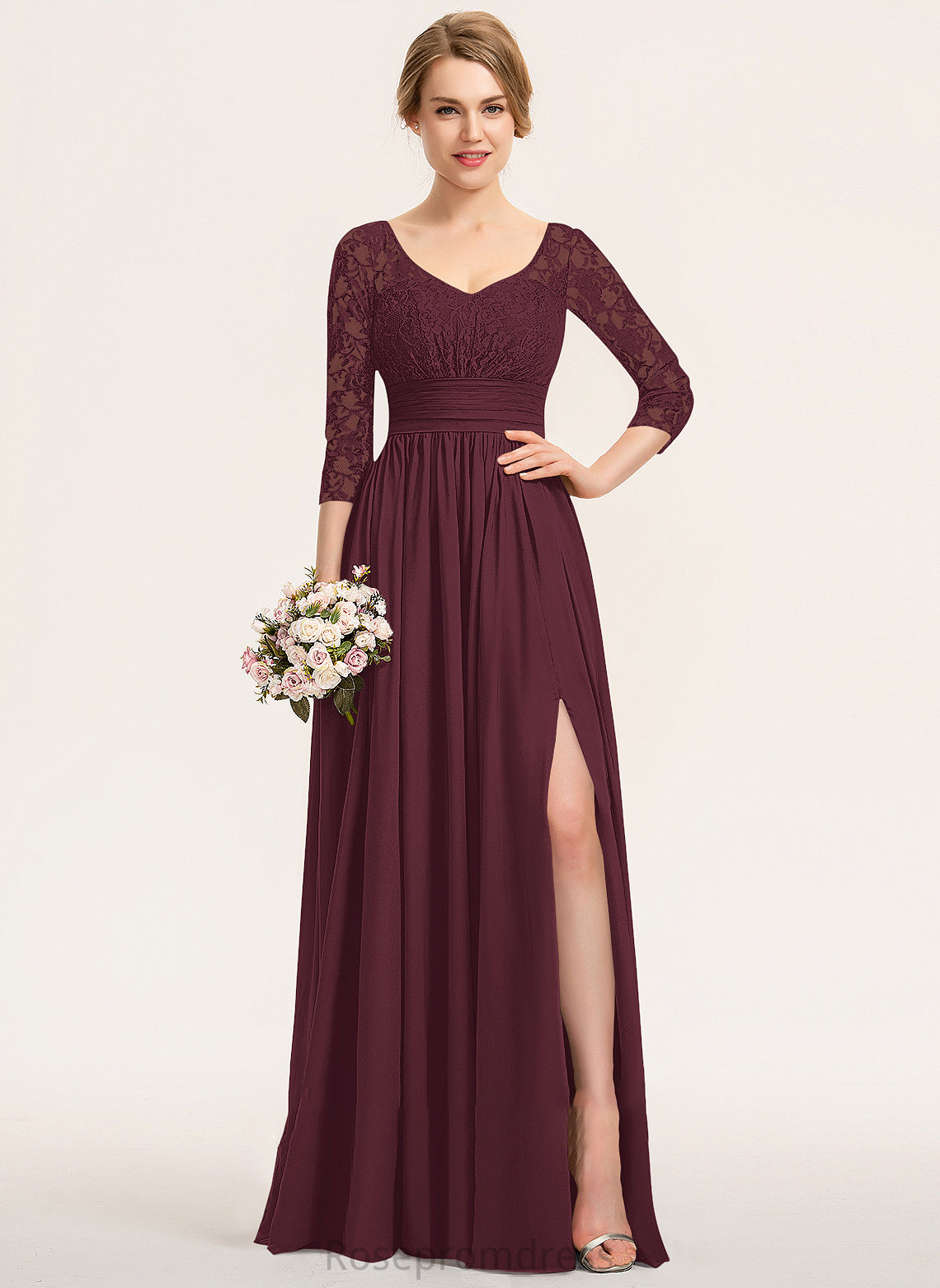V-neck Length Neckline Silhouette Embellishment Fabric Ruffle SplitFront Floor-Length A-Line Ana A-Line/Princess Bridesmaid Dresses
