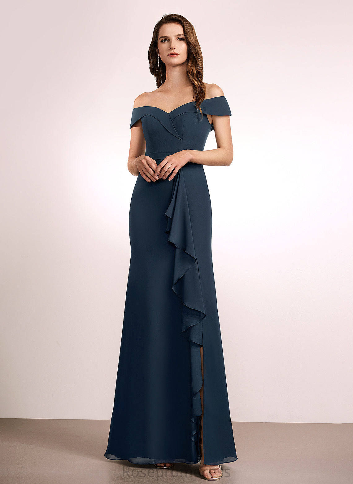 Floor-Length A-Line Fabric Off-the-Shoulder Silhouette Ruffle Length Neckline Embellishment Kylee Bridesmaid Dresses