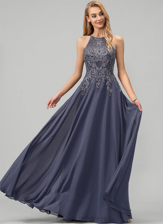 Sequins Chiffon Floor-Length Prom Dresses Scoop With Undine Lace A-Line Neck