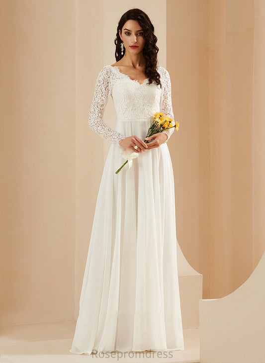 Chasity Train Wedding Dresses Wedding Lace A-Line With V-neck Sweep Chiffon Dress