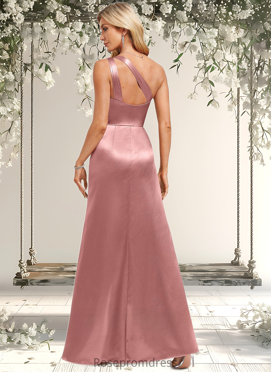 Renata A-line One Shoulder Floor-Length Stretch Satin Bridesmaid Dress With Ruffle DSP0025768