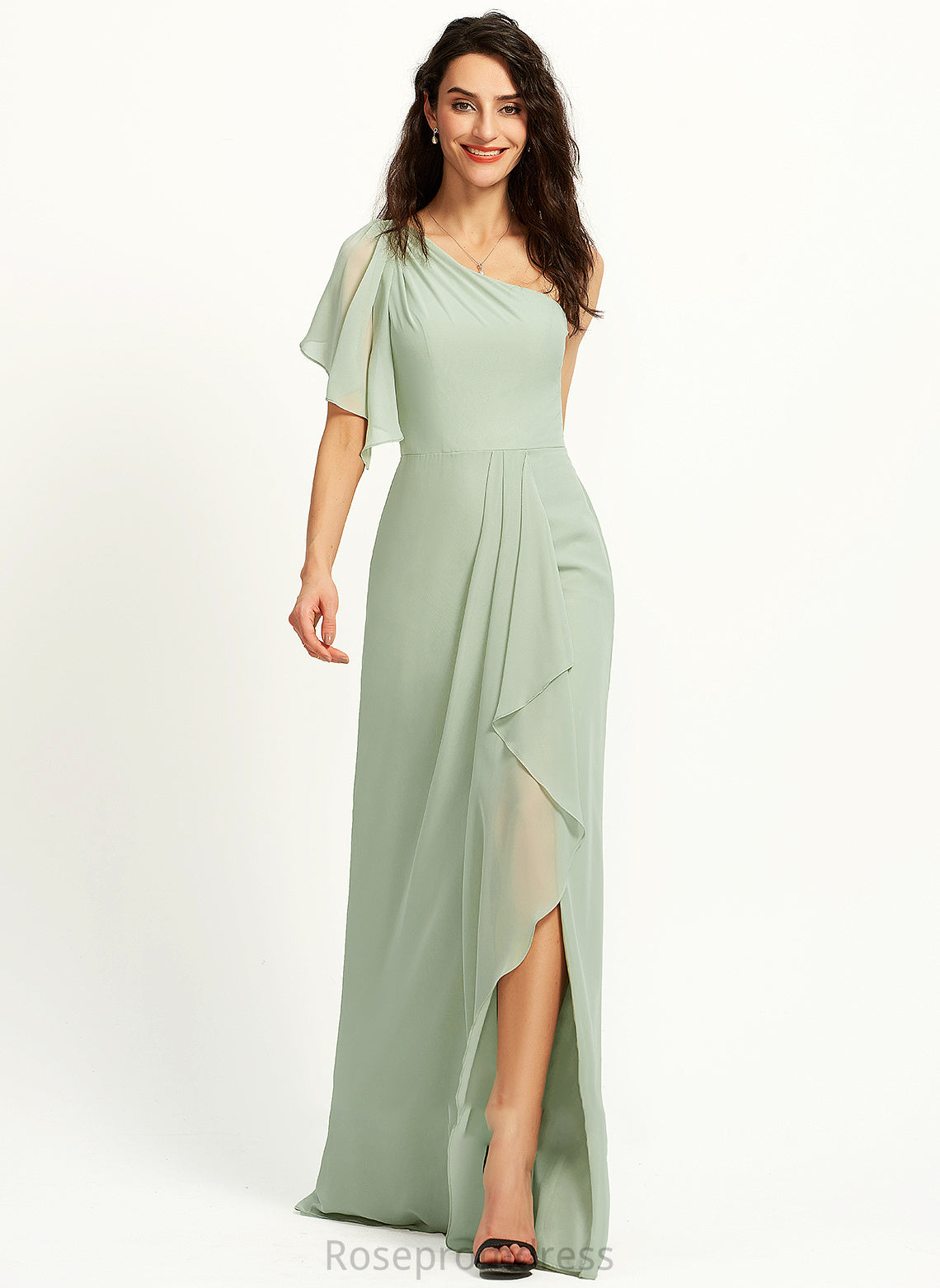 Silhouette Neckline Floor-Length One-Shoulder A-Line Length Fabric Embellishment Ruffle SplitFront Nan Sleeveless Bridesmaid Dresses