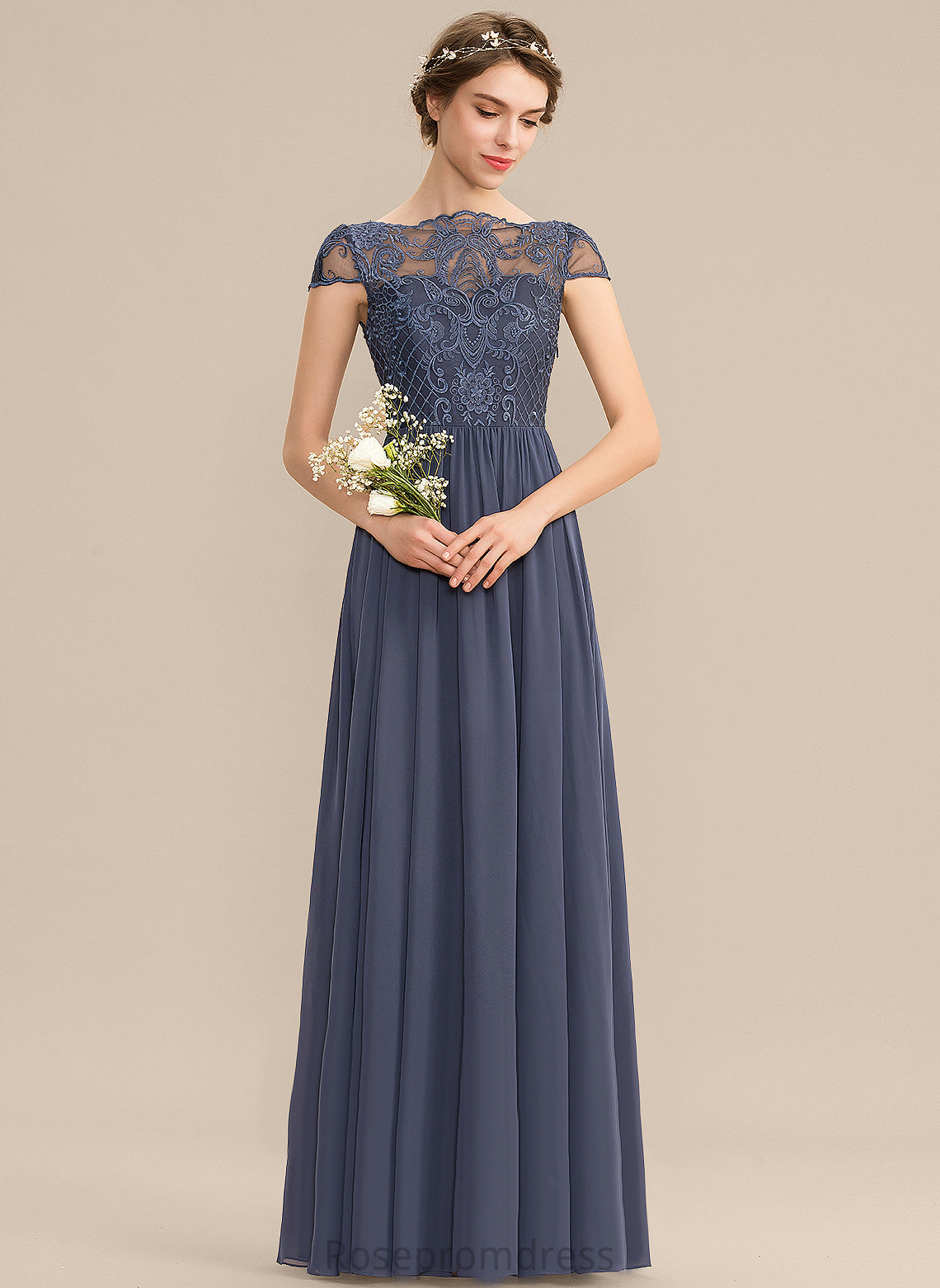 Length Fabric Neckline Silhouette A-line Lace Scoop Straps&Sleeves Floor-Length Allie Natural Waist Short Sleeves Bridesmaid Dresses