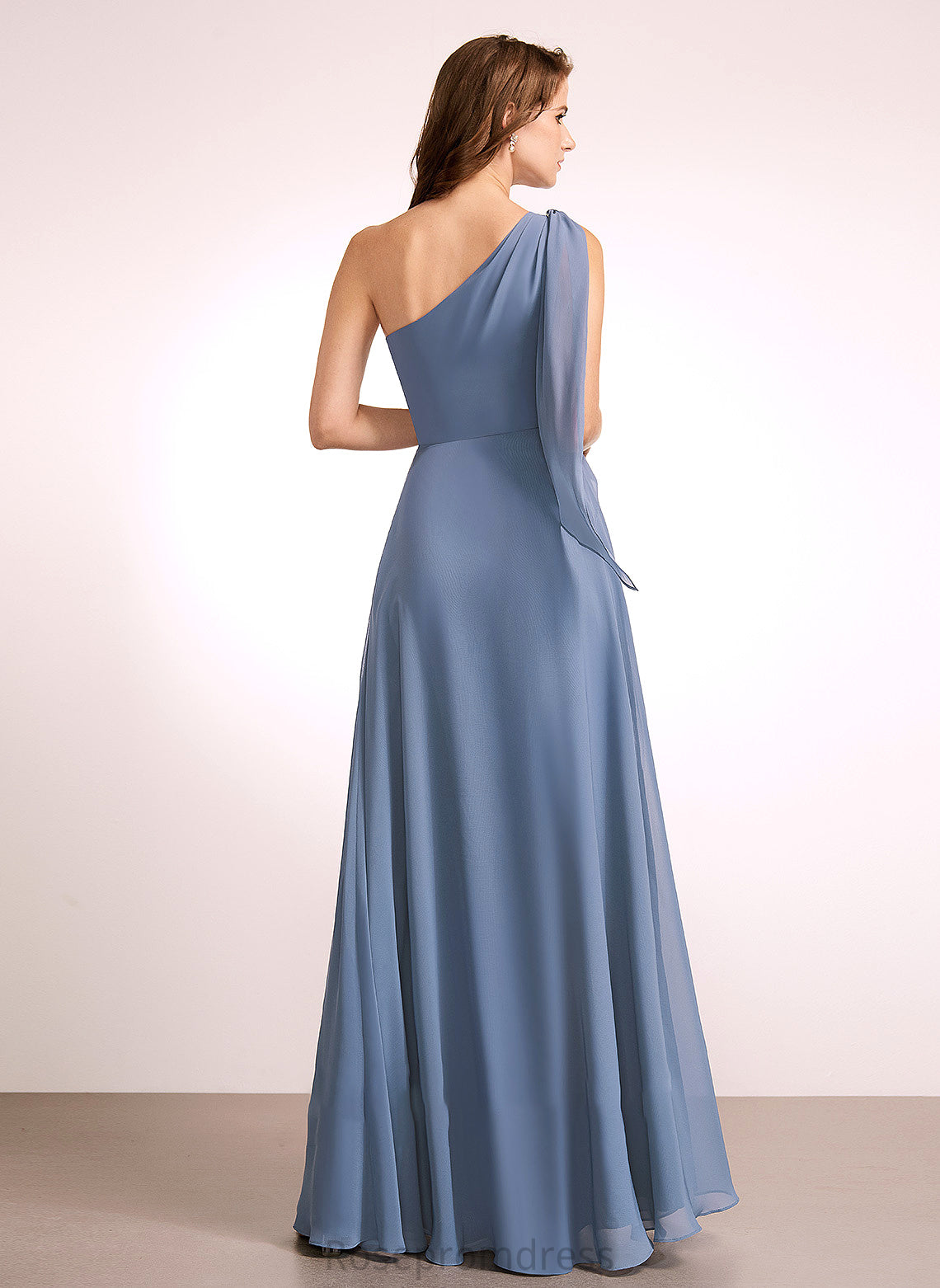 Floor-Length Fabric Bow(s) Silhouette Length A-Line One-Shoulder Embellishment Neckline Danika Natural Waist Spaghetti Staps Bridesmaid Dresses