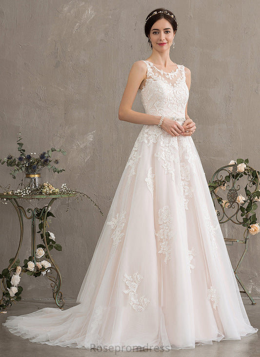 Dress With Train Beading Sherlyn Tulle Court Sequins Wedding Wedding Dresses Neck Scoop Ball-Gown/Princess
