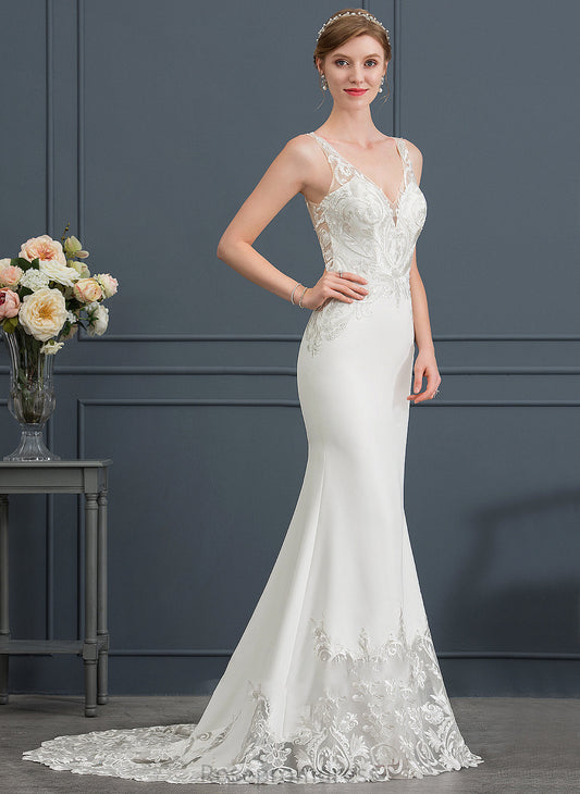 Court Trumpet/Mermaid Crepe Wedding Dresses Dress V-neck Train Stretch Wedding Addyson