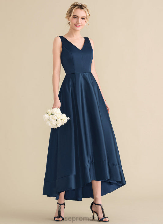 Satin Length Fabric Asymmetrical Embellishment Neckline Pockets Straps V-neck Aspen Bridesmaid Dresses