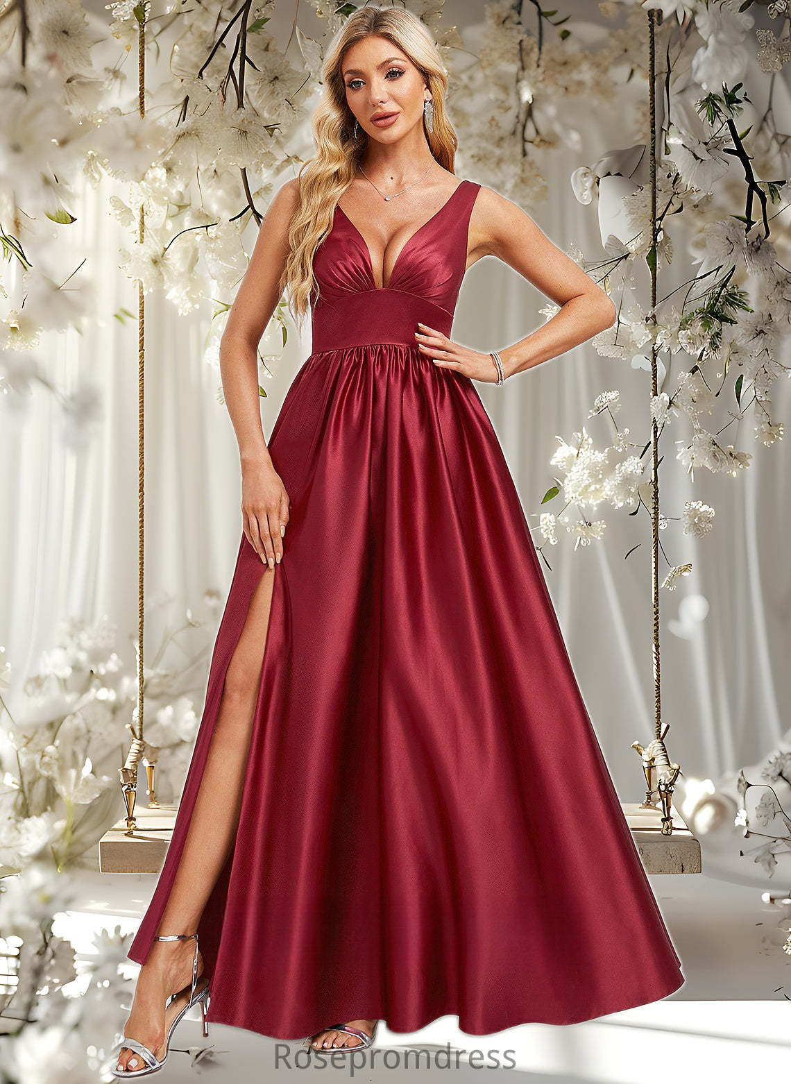 Judith A-line V-Neck Floor-Length Satin Bridesmaid Dress DSP0025775