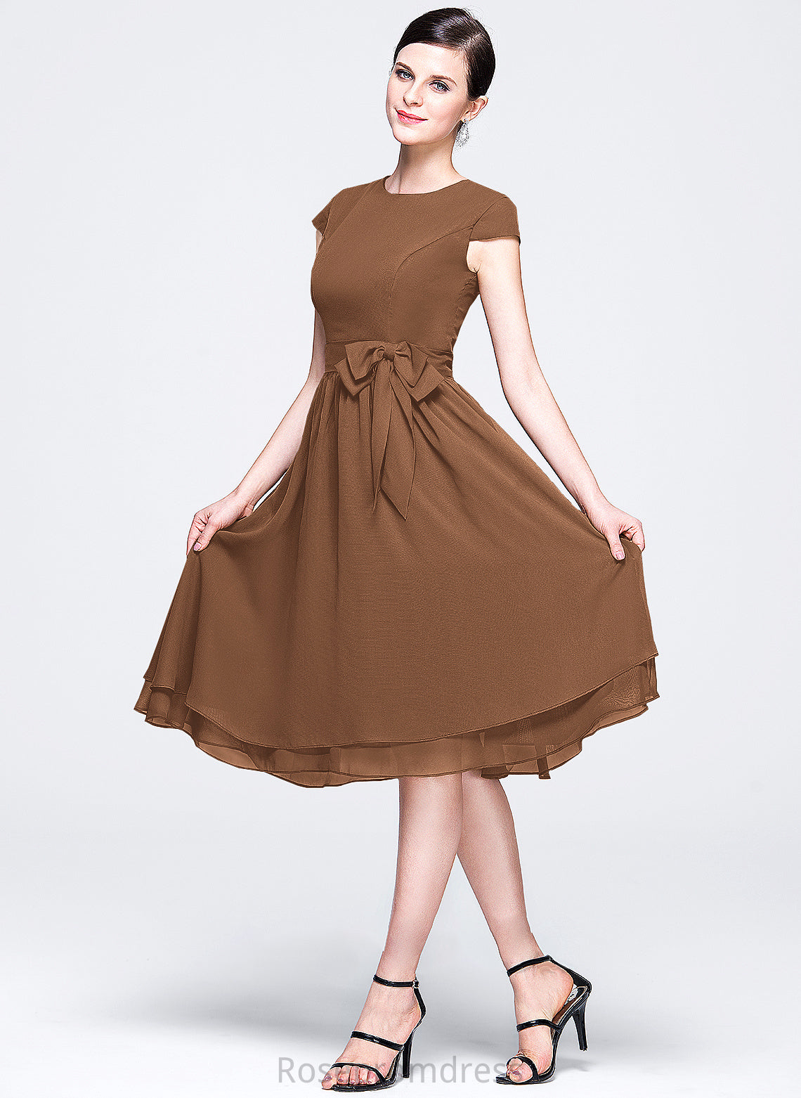 ScoopNeck Bow(s) Knee-Length Embellishment Fabric Silhouette Neckline A-Line Length Pearl Natural Waist Spaghetti Staps Bridesmaid Dresses