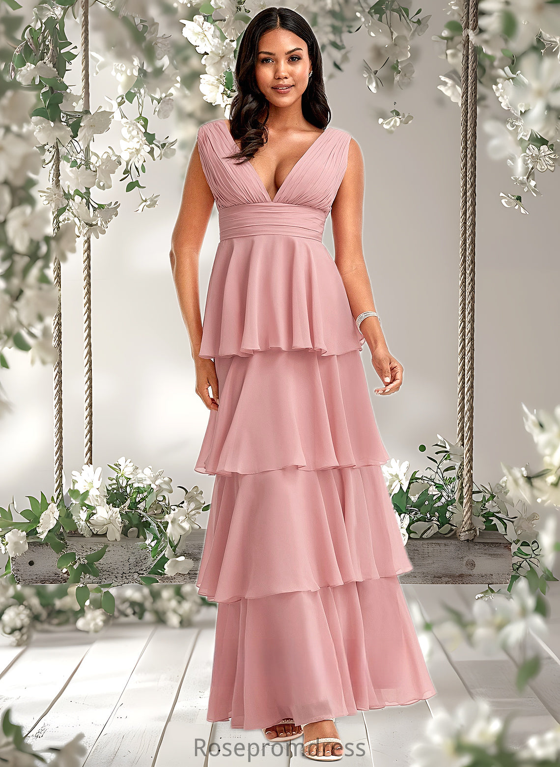 Tricia A-line V-Neck Floor-Length Chiffon Bridesmaid Dress DSP0025749